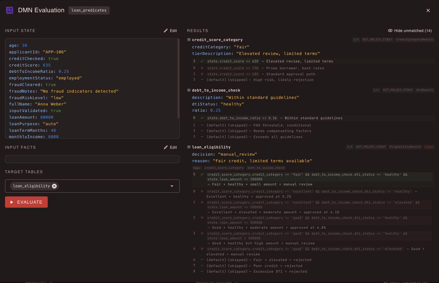 Playground — test scenario showing matched rule 5 and skipped rules